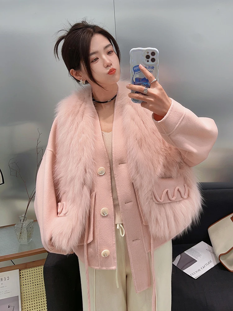 2023 Fashion Winter Fur Coat Real Natural Fox Fur Vest Ladies Cashmere Wool Woolen Women Luxury Jacket Outwear Female Coat