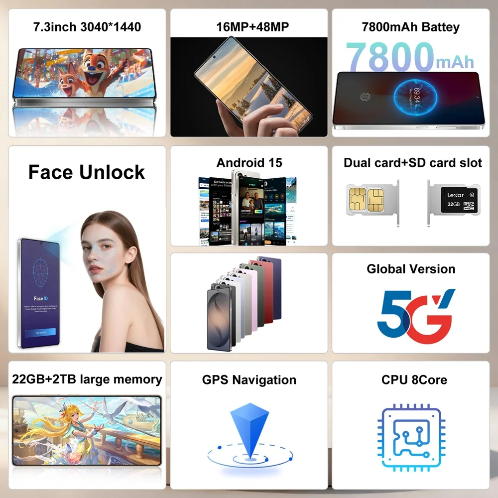 K-Touch Smartphone For C26 UltraX 5G Cell Phone 7.3 Inch 7800mAh Battery Mobile Phones Android Full Display 48MP Camera 22GB RAM 2TB ROM Face ID Unlocked 5G Dual SIM Android 15 Cell Phone with FM Radio GPS