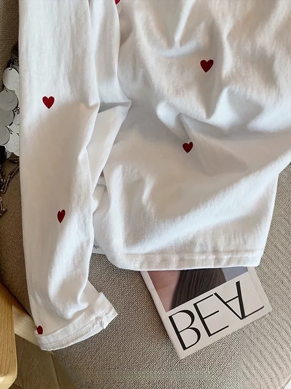 Grande taille femmes longue Sve T-irt coeur imprimé coupe ample rond Ne printemps automne Sle confortable coton haut décontracté
