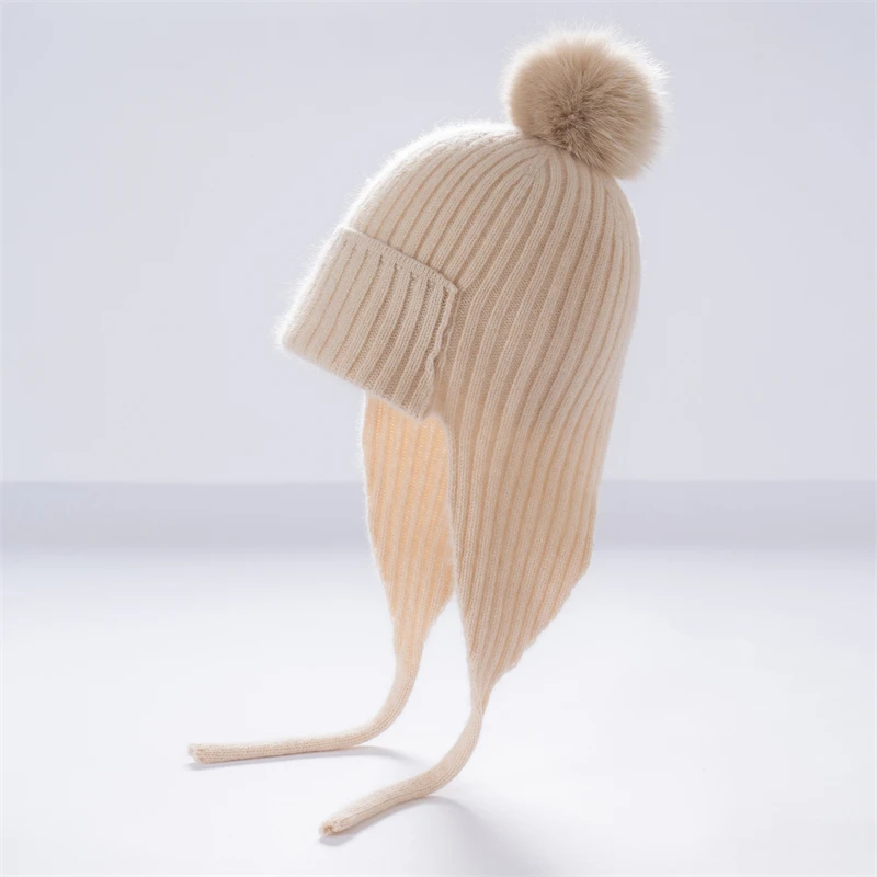 High-End 100% Cashmere Pom-Pom Hat Autumn Winter Women's Ear Protection Knitted Cute Warm Wool Hat Pullover Hat