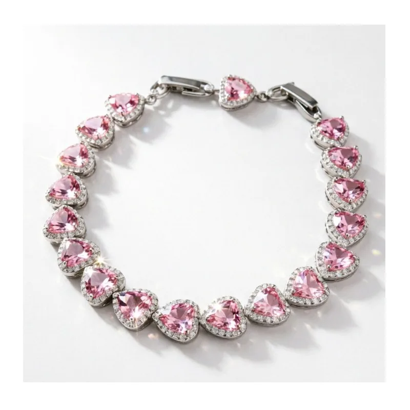 

Silver Set Pink Diamond Heart Bracelet Full Diamond Crystal Love Jewelry Crystal Bracelet Light Luxury Girl Style Accessories