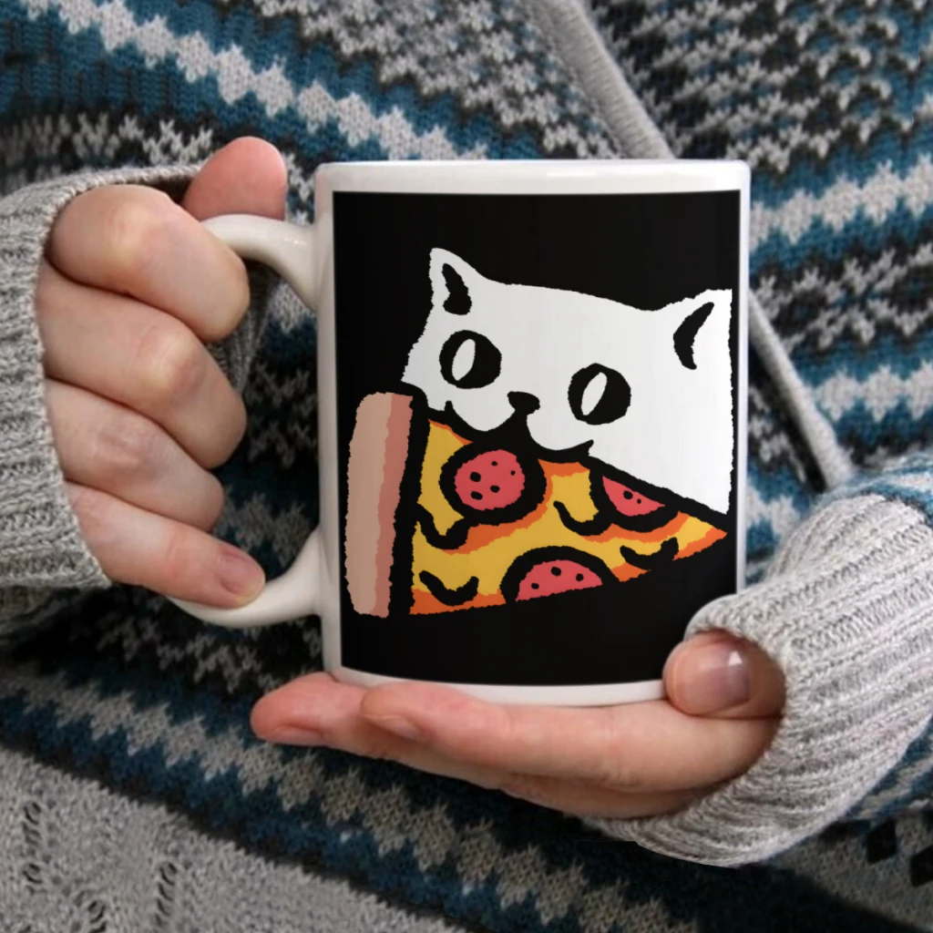 

White cat PizzaCoffee Mug Tea Cup 11oz Coffee Cup Funny Birthday Ceramic Mug Personalized Cup