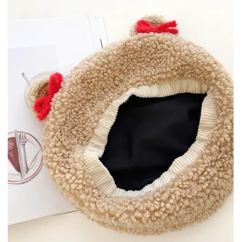 Japanese Cute Bear Ears Lamb Wool Berets Caps for Women Autumn and Winter Casual Warmth Sweet Bow Design Painter Hats Y2K