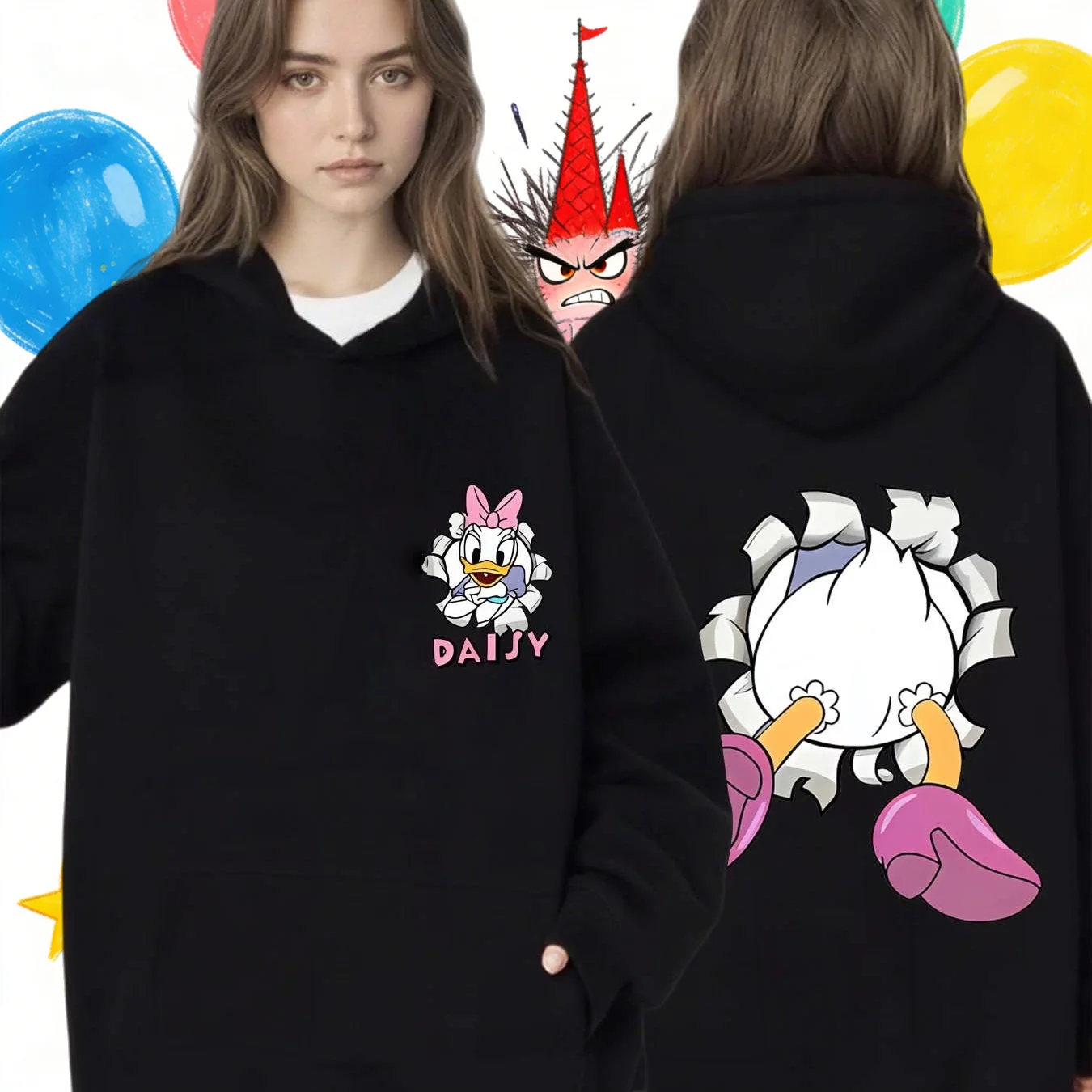 

25/26 осенне-зимняя мужская Potdemiel Daisy Duck, рождественская мода, большие толстовки унисекс, толстовка с принтом из 100% чистого хлопка