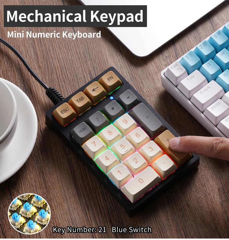 21 key Wired Mechanical Numeric Keypad with Multi-color Lights and Blue Switch Suitable for Finance, Business, Laptop Users