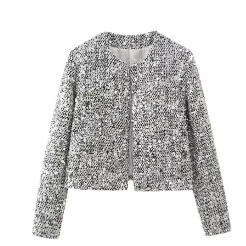 

Женская верхняя одежда, весенняя куртка с круглым вырезом, серая женская куртка с длинными рукавами и блестками, стильная для вечеринок и клубов
