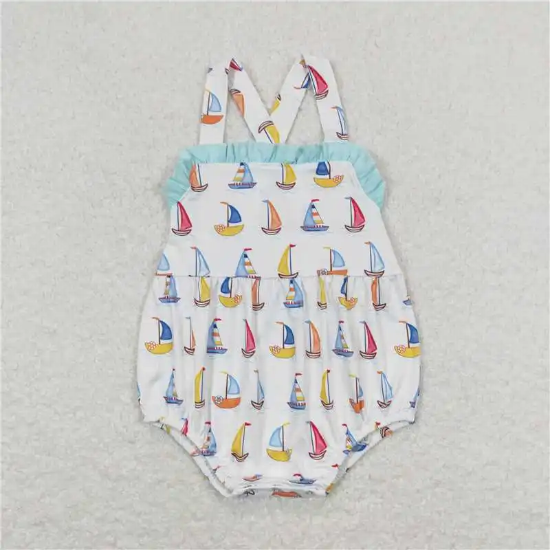 Kids Matching Clothes  Sleeveless Romper And Set  With  Sailboat Print Children Sibling Sister And Brother Outfits