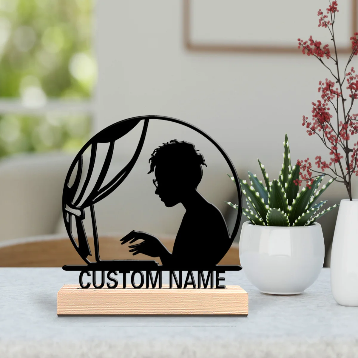 1pc Fun Personalized Custom Work Metal Statues  Wooden Base Wall Decor for Living Room Office Modern Industrial Home Style