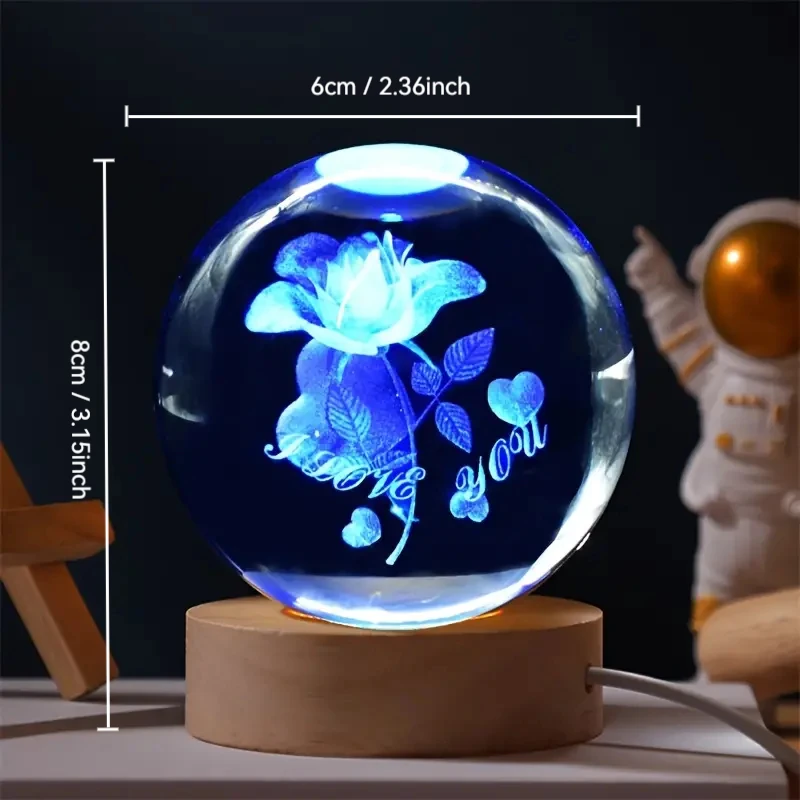 1pc 3D Rose Crystal ball colored nightlights, holiday gifts for girlfriends, wives and friends, interior and home decor