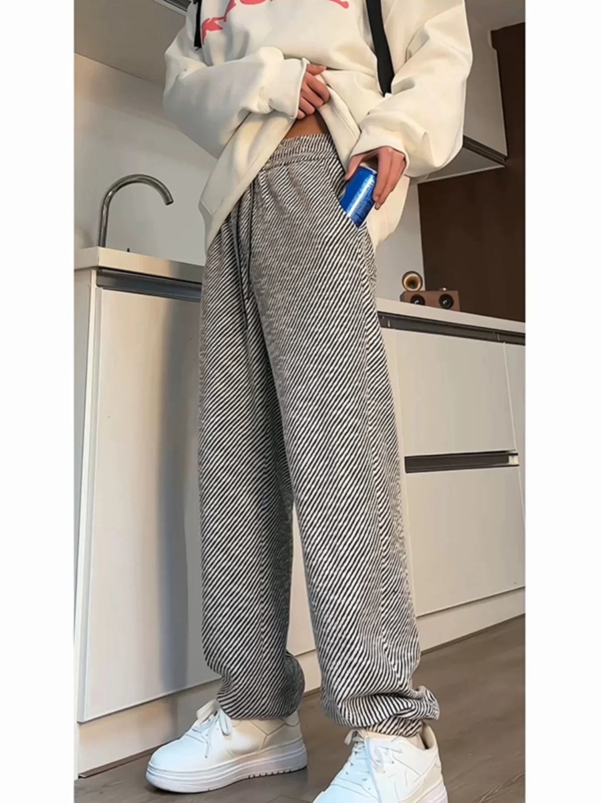 

Trendy Bla White Striped Fce Lined Casual Sports Pants for Boys Spring New Sle Straight Leg Cuffed Leisure Trousers