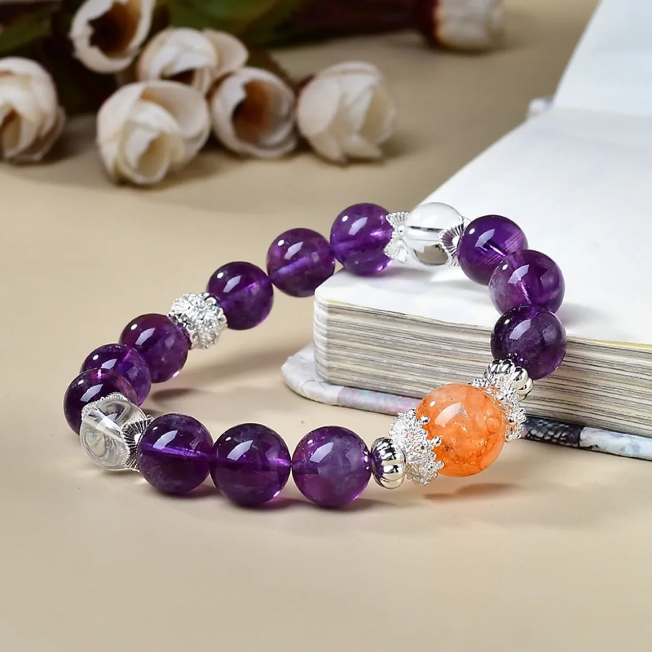 

Natural Amethyst Red Glue Flower White Crystal Bracelet Women's Light Luxury Fashion Bracelet