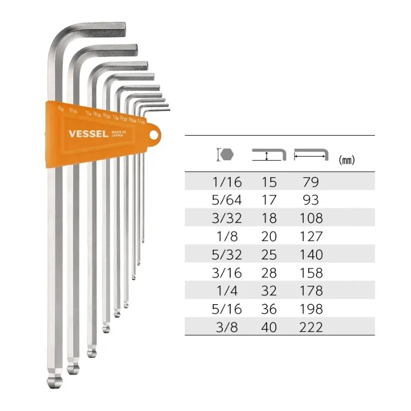 VESSEL 8309BP-LIN Juego de llaves hexagonales de bola JIS 1/16''3/8'' 1/8'' 5/32'' 3/16'' 5/16'' 1/4'' 5/64'' L Herramientas extralargas