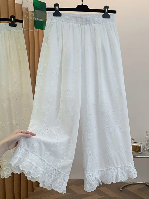 

Ladies Loose Fit Casual Pants Embroidered Hollow out Wide Leg Pants Summer 2026 Ear Pickling Design Straight Cut Pants