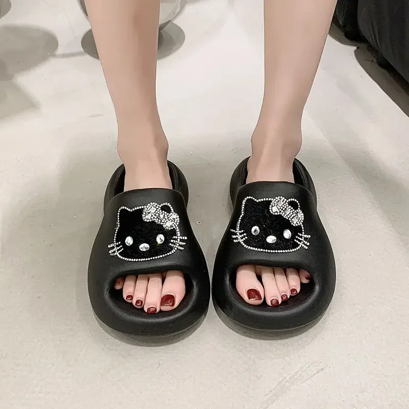 Sanrio Hello Kitty Slippers Cartoon Cute Thick-soled Rhinestone Sparkling Diamond Bulling Women Non-slip Flip-flops Summer Beach