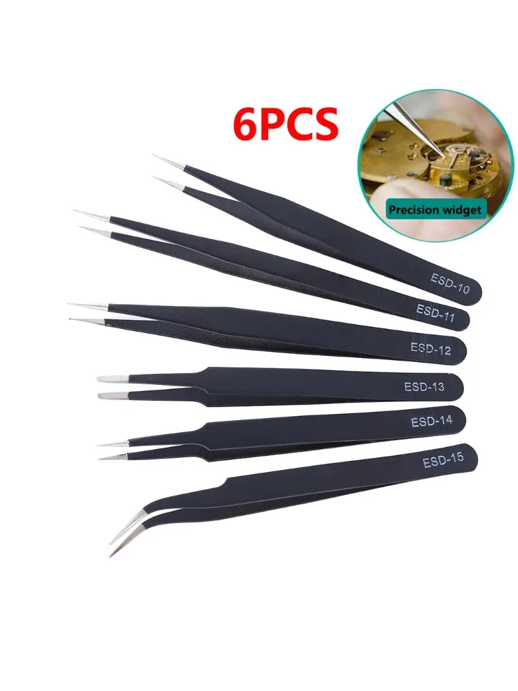 6pcs Precision Tweezers Set ESD Anti-Static Stainless Steel Tweezers Repair Tools for Electronics Repair Soldering Craft Tools