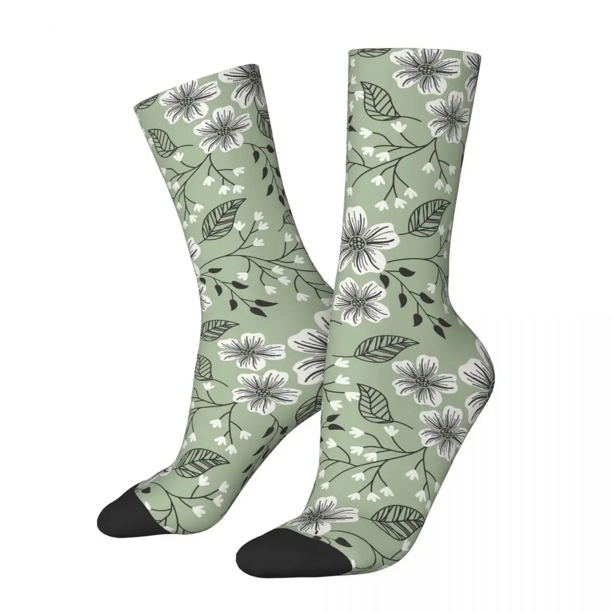 Sage Green Floral Socks Harajuku Super Soft Stockings All Season Long Socks Accessories for Man's Woman's Gifts