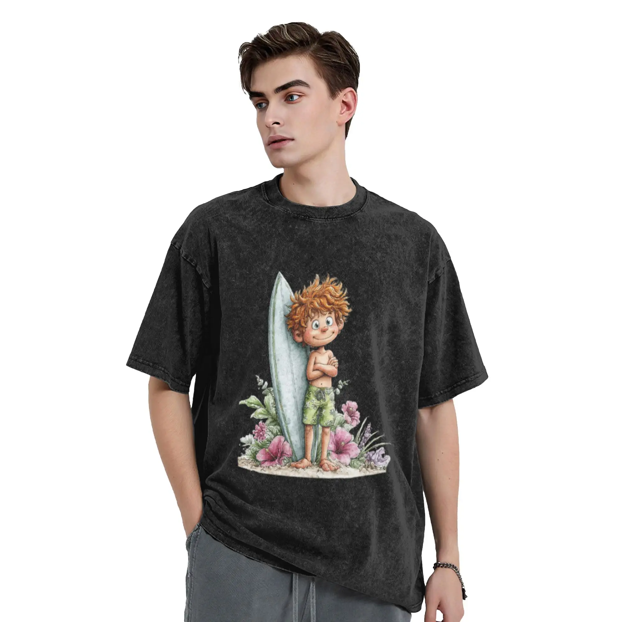Cute boy with surfing board - whimsical design Unique Stylish A Vintage Oversized Cotton Unisex T-Shirts
