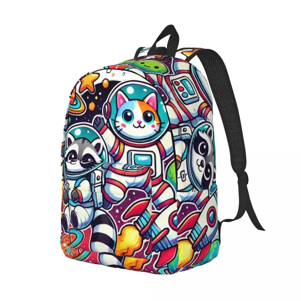 Cosmic Critters Raccoon  Cat Astronauts Casual Canvas Backpack  Multi-Compartment Lightweight Bag for School Hiking and Everyday