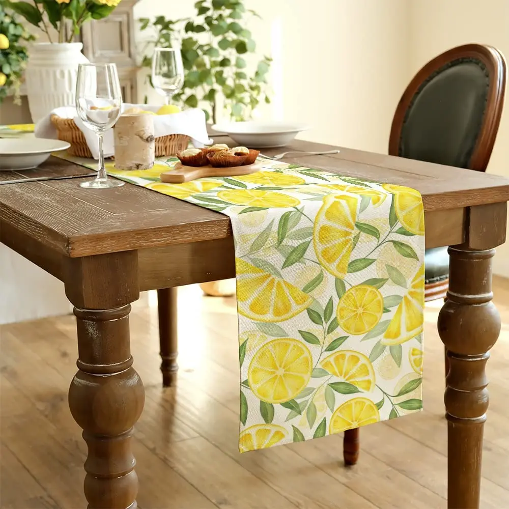 Summer Yellow Lemon Linen Table Runners Holiday Party Decorations Leaves Farmhouse Dining Table Runners Kitchen Table Decor