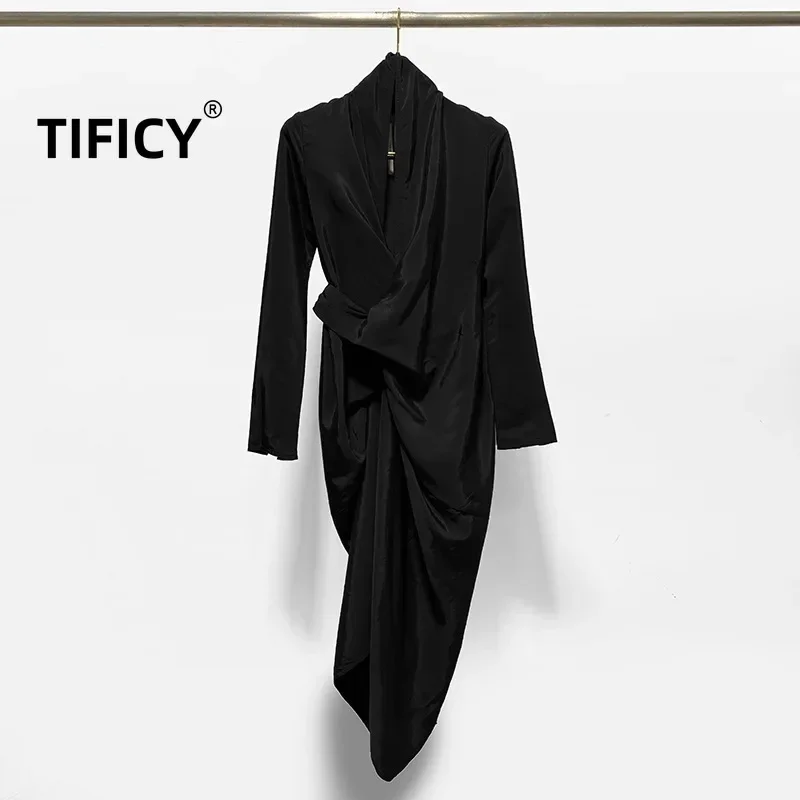 TIFICY High Street Women's Lace Up Temperament Deep V-neck Long Sleeved Slim Fit Hip Hugging Jumpsuit Long Dress Trench