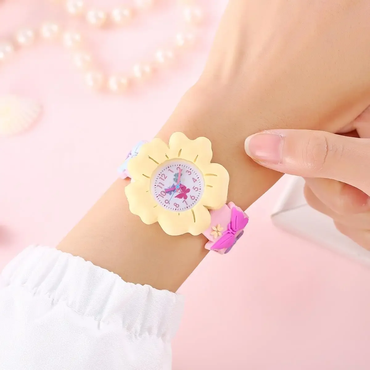 Reloj de dibujos animados de flores y mariposas para niños, patrón 3D, PVC, adhesivo suave, amigable con la piel, reloj de aprendizaje para niños, nuevo