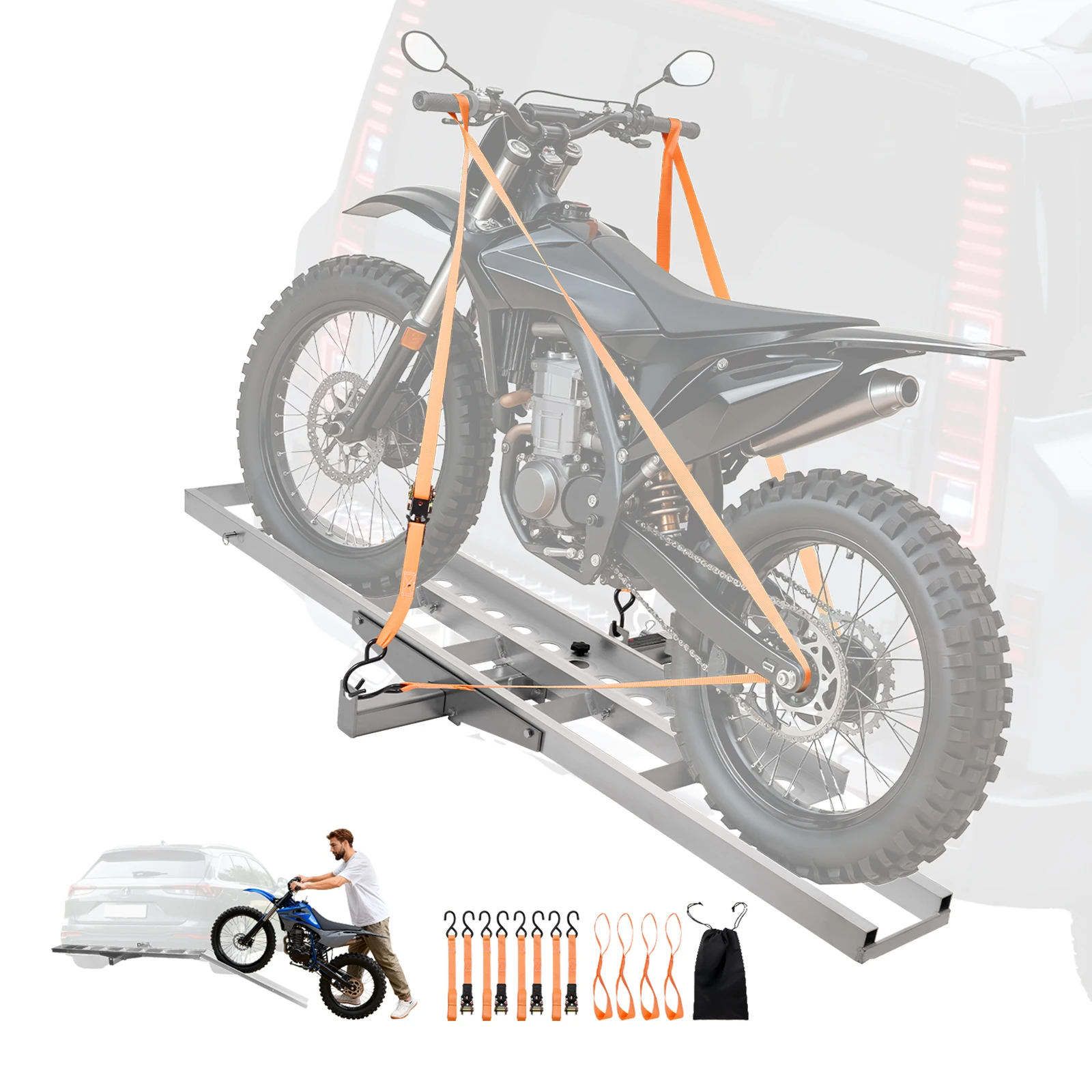 SucceBuy Motorcycle Carrier 400lb Capacity Heavy Duty Aluminum Hitch Mount Rack with 47in/73in Loading Ramp Straps for Car Truck