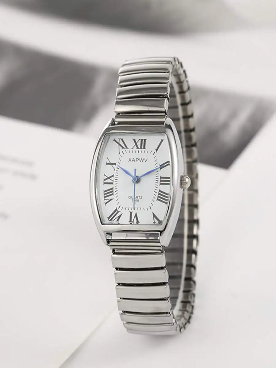 

Классические женские кварцевые часы с прямоугольным циферблатом, римскими цифрами и расширяемым браслетом из нержавеющей стали