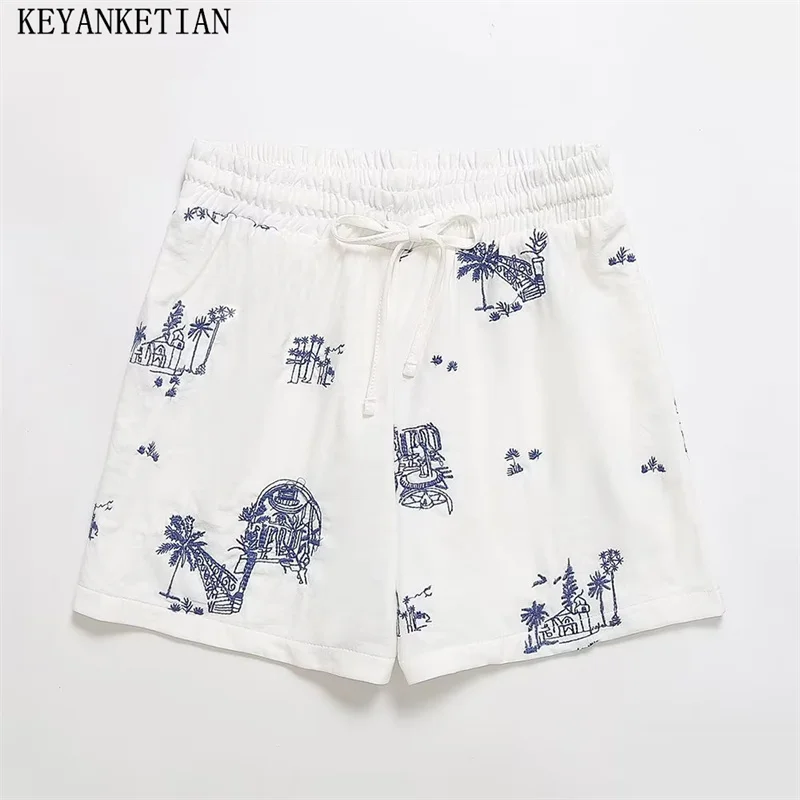 KEYANKETIAN Summer New Holiday Style Embroidered Women's Shorts Elastic Lace-Up High Waisted Cotton Short Wide Leg Pants