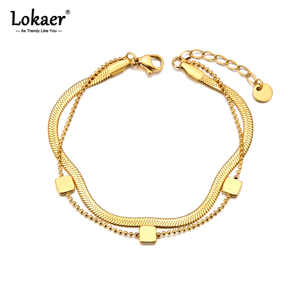 Lokaer Doppelschichtige Schlangenkette Armband Halskette für Frauen Einfache vergoldete Edelstahl Damen Handschmuck Sets B24071