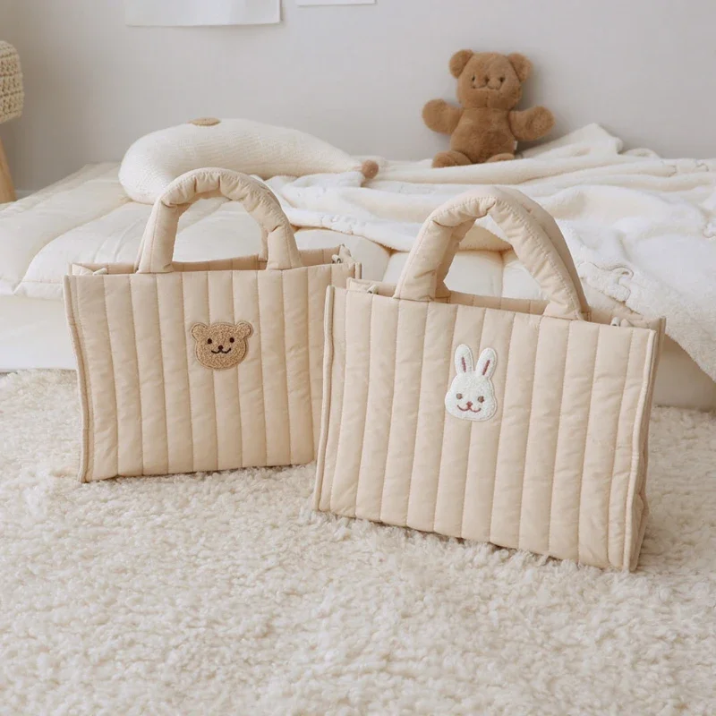 Little Bear Rabbit Down Handbag Korean New Fashion Women\'s Bag Minimalist Car Sewn Vertical Stripe Casual Wrist Bag purse