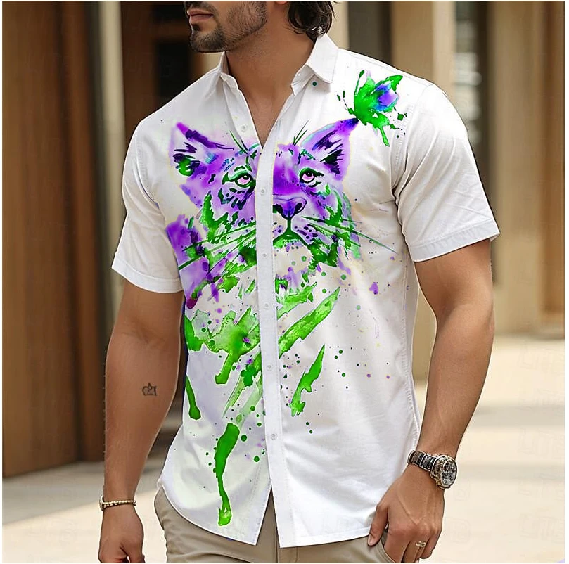 2024 Hot Sale Men's Cardigan Vacation Hawaii 3D Tiger Printed Beach Vacation Summer Button Lapel Short Sleeve Casual Shirt Tops