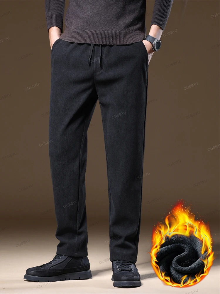 High Quality Winter Fleece Warm Corduroy Pants Men Elastic Waist Straight Thick Outdoors Velvet Flocking Casual Trousers Gift