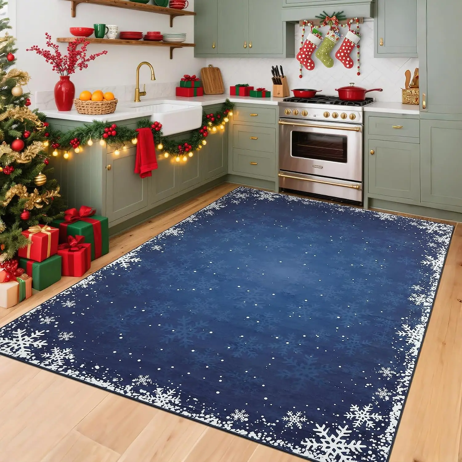 1pc 2D Flat Dark Blue Background Snowflake Border Printed Floor Mat, Decorative Rug for Living Room, Bedroom, Kitchen, Home