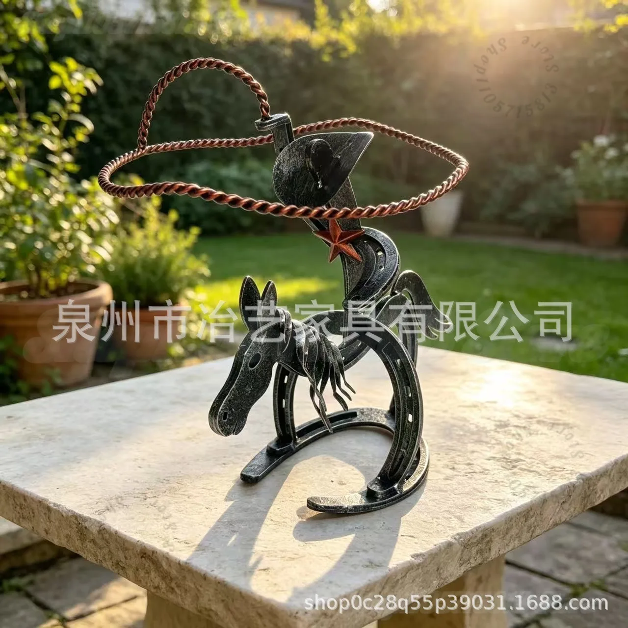 Vintage Metal Cowboy Rodeo Sculpture, Horseshoe Art Western Decor Statue, Rustic Wild West Table Ornament for Home Bar