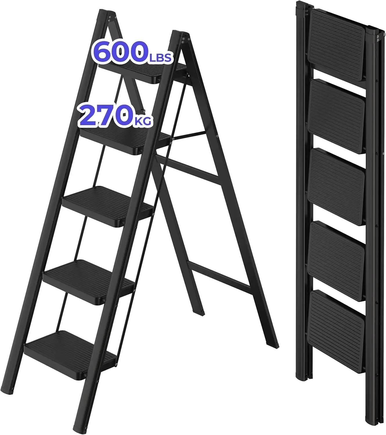 600 lbs Portable Sturdy Steel Ladder for Adults,Multi Purpose Folding Ladder for Home Kitchen Office,Space Saving,Black