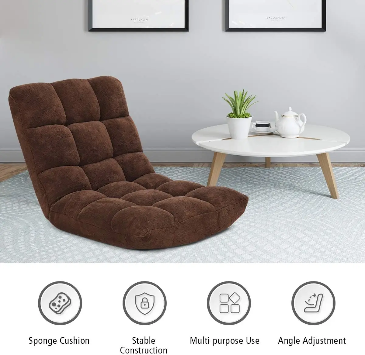 أريكة أرضية قابلة للطي مكونة من 14 موضعًا قابلة للتعديل للألعاب أريكة استرخاء كرسي مبطن سرير نوم قابل للطي لغرفة المعيشة وغرفة النوم باللون البني #4