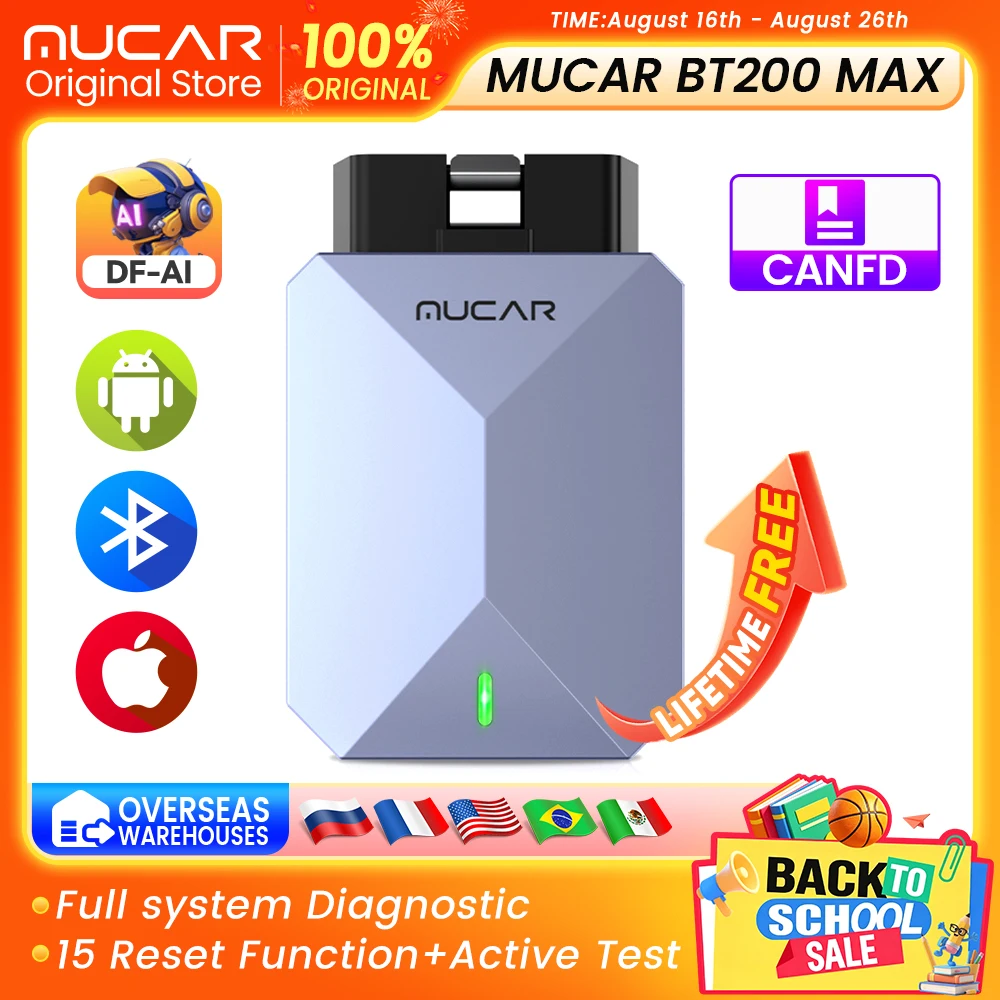 MUCAR BT200 MAX Auto Full System AI Diagnostic Tool 15 Reset Scanner Tool Code Reader Bi-directional CANFD Lifetime Free Update