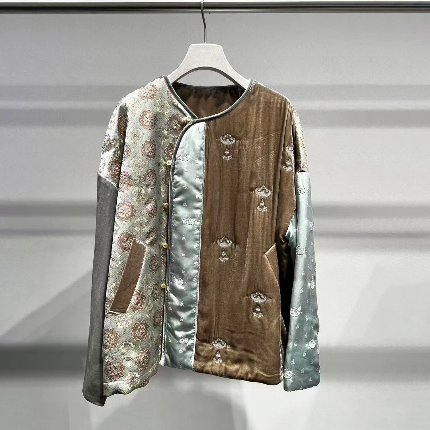 

New Chinese Sle Patchwork Cotton Jaet Women's Retro Button up Cotton Coat Loose Fit Long Sve round Ne Regular Thin