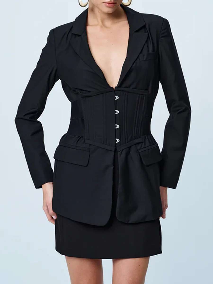 TWOTWINSTYLE Solid Slimming Spliced Folds Fashion Jackets for Women Lapel Long Sleeves Tunic Elegant Jacket Female Clothing New