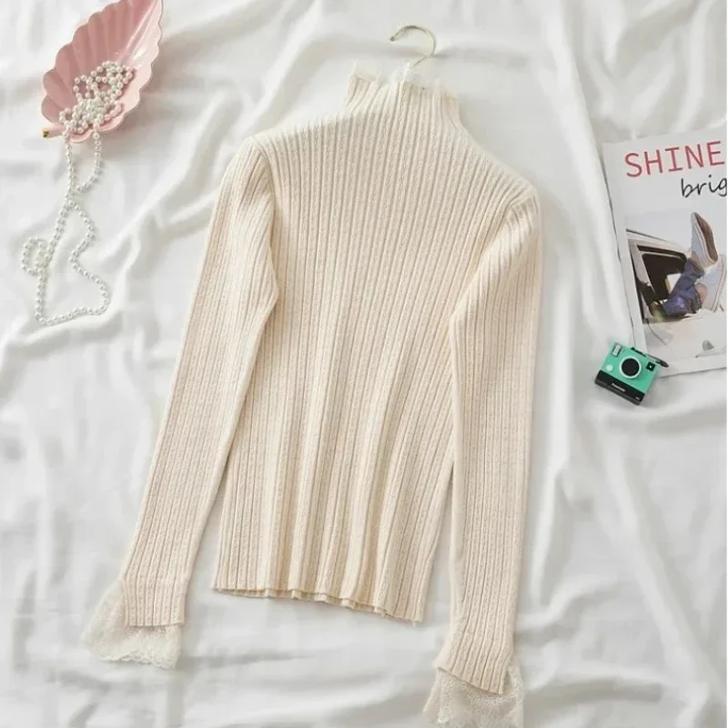 2025 スリムフィットジャンパートップニットセーター女性プルオーバースリムモックネックレース秋冬厚い基本的な女性のセーター