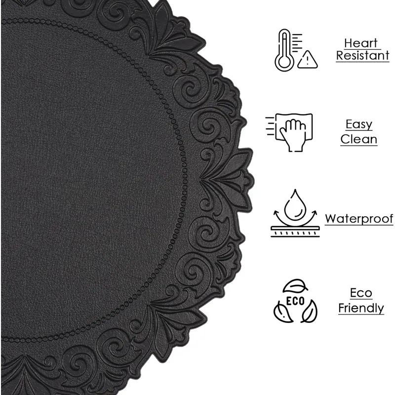 Black Round PU Dinning Table Mats Faux Leather Placemats Heat Resistant Waterproof Place Mat Durable Plate Mats for Table Nordic