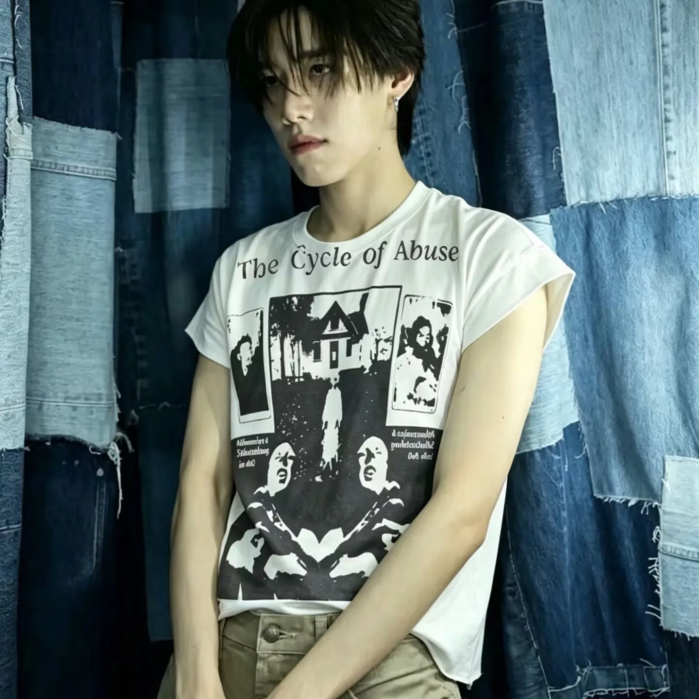 

Retro Washed Vintage Punk Style Short Sleeve T-Shirt Singer Print Depressed Rich Second Generation Casual Breathable Tee