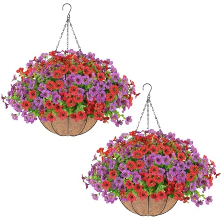 

2 Set Artificial Flowers Hanging Plants in Basket, Artificial Hanging Flowers for Outdoor Indoor Decor, UV Resistant hanging Ba