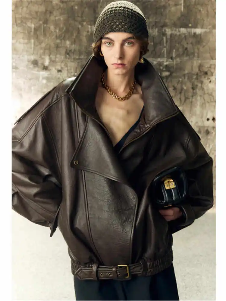 

Retro Motorcycle Brown Leather Jacket Women'S 2025 Autumn And Winter New Double Layered Collar Loose Short Pu Leather Jacket