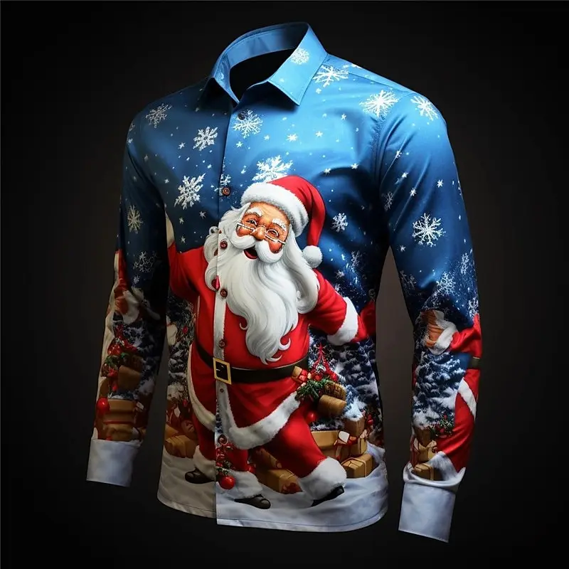 Hot selling Santa Claus men's shirt long sleeved top shirt art casual party evening dress autumn and winter high neck button2024