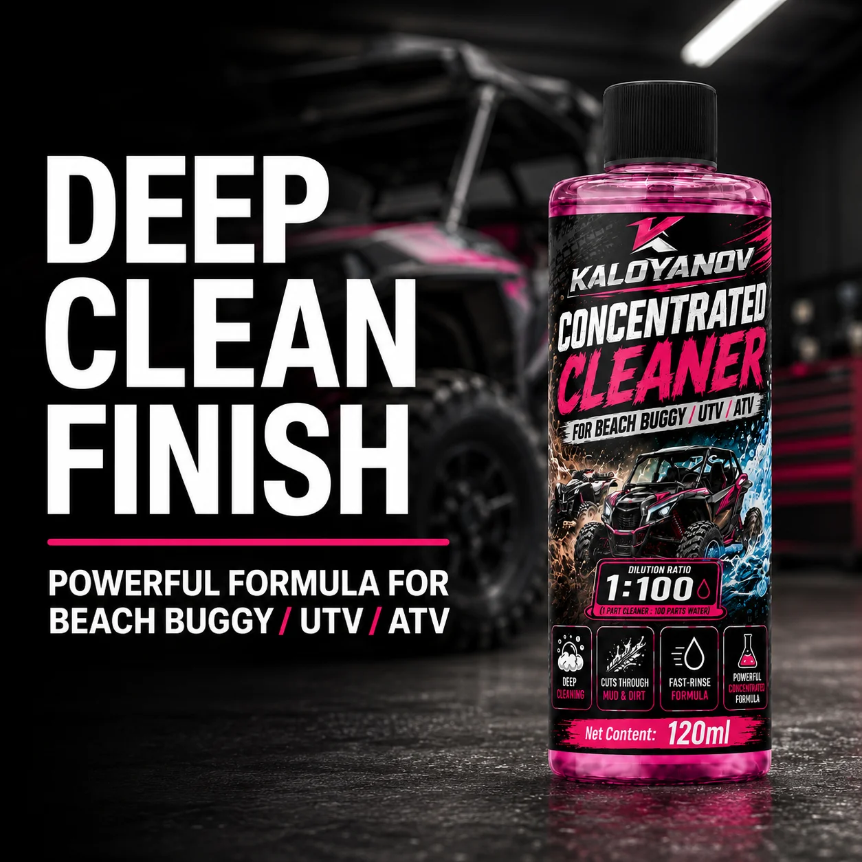 KALOYANOV UTV ATV Wash Cleaner 120ml, 1:100 Concentrated Formula for Mud, Dust and Grime on Beach Buggies and Off-Road Vehicles