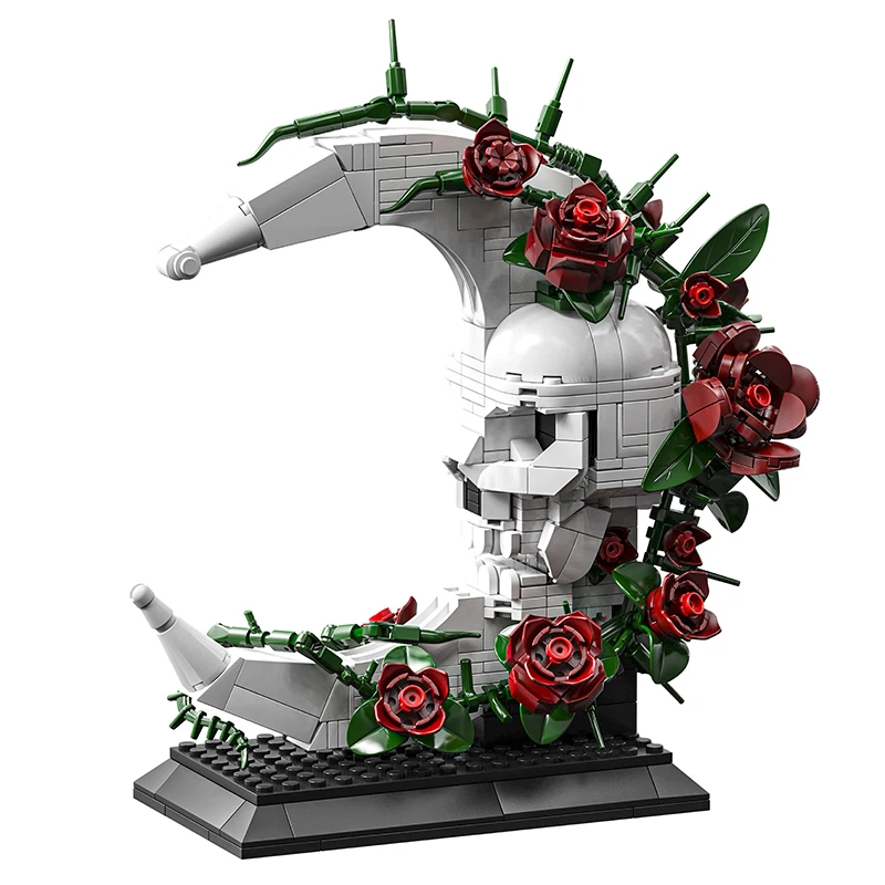 MOC Gothic Skull Moon Rose Dark Romantic Building Blocks  Assembly Decor Rose Model Ornament Blocks Birthday Christmas Gift view 6