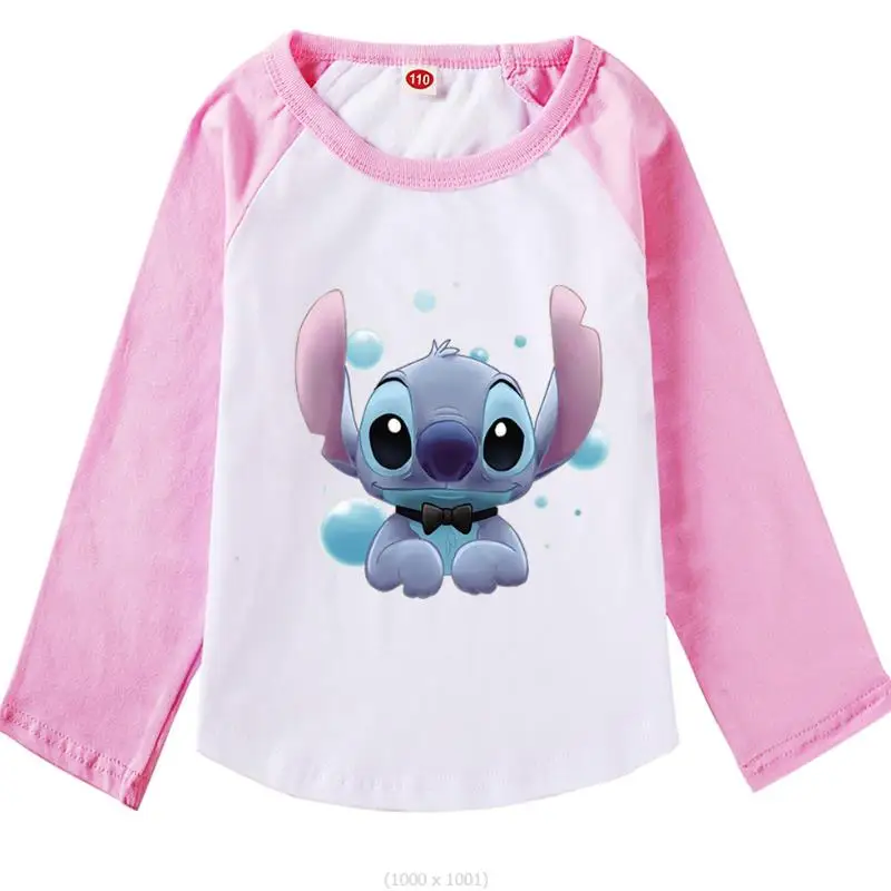 New Disney Stitch Student Girl Fashion T-Shirt Kids Long Sleeve Tops Spring Party Dresses Girls Cotton Printed Shirt Gift