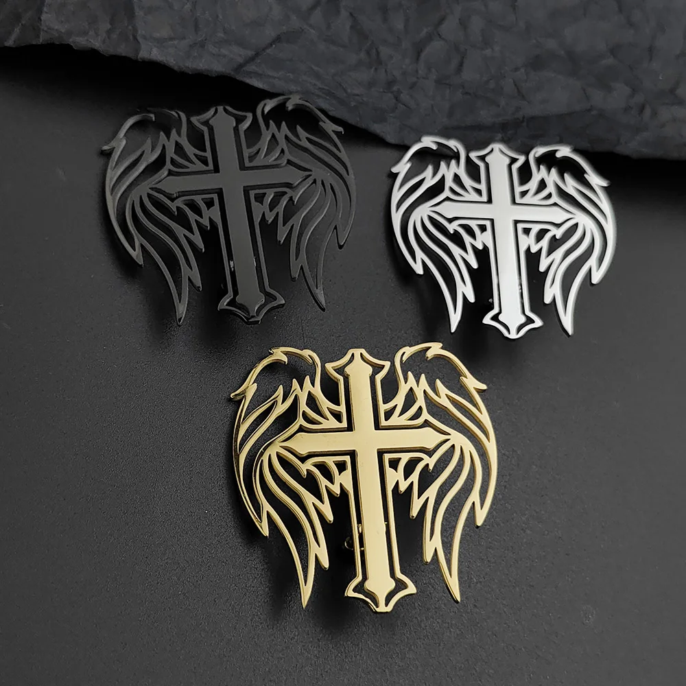 

Punk style hollow cross wings stainless steel gold-plated 18K brooch, black pin for suit accessories, wedding matching set