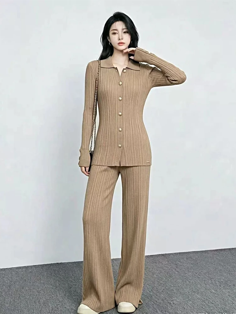 Dress Knitted Set New Autumn Women Elegant Lapel Cardigan Wear Complete Top Straight Pants Style Slim Fit Skirt Modern